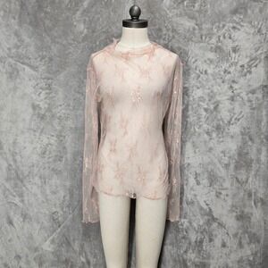 LynBurches Lace Mesh Top Women L Pink Sheer Sequin LongSleeve Fairy Ethereal Y2K
